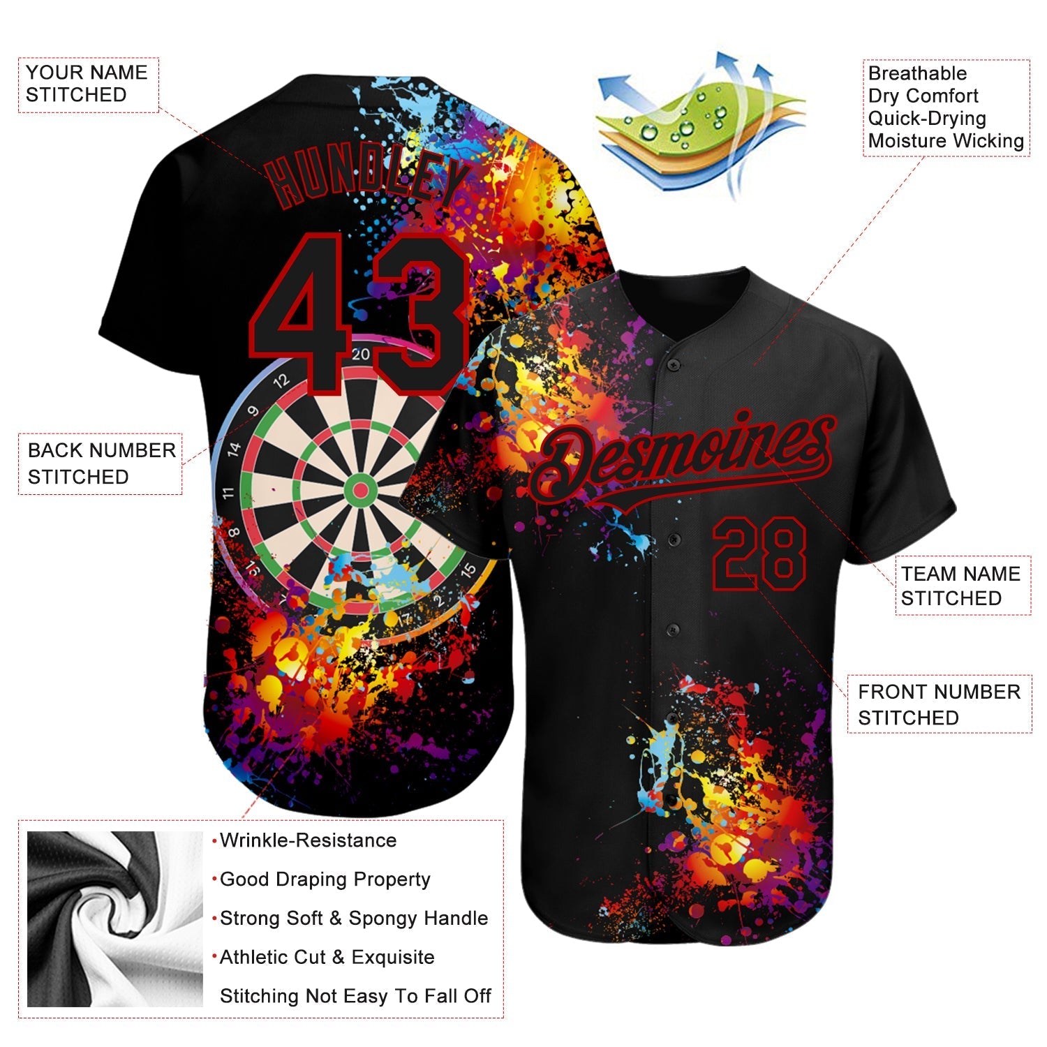 Custom Black Red 3D Pattern Design Dart Board Authentic Baseball Jersey baseball jersey product view 3