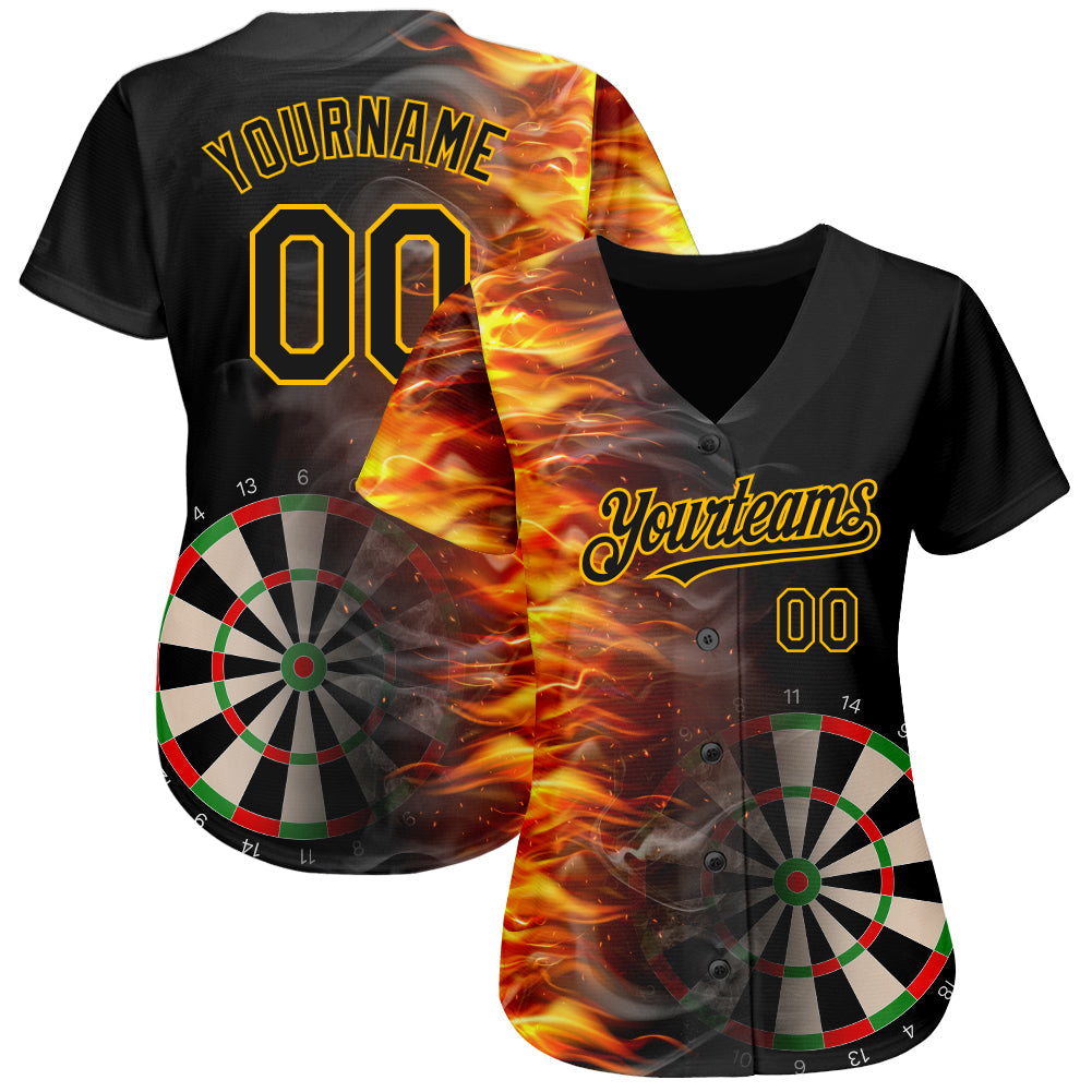 Custom Black Gold 3D Pattern Design Fiery Dart Board Authentic Baseball Jersey baseball jersey product view 2