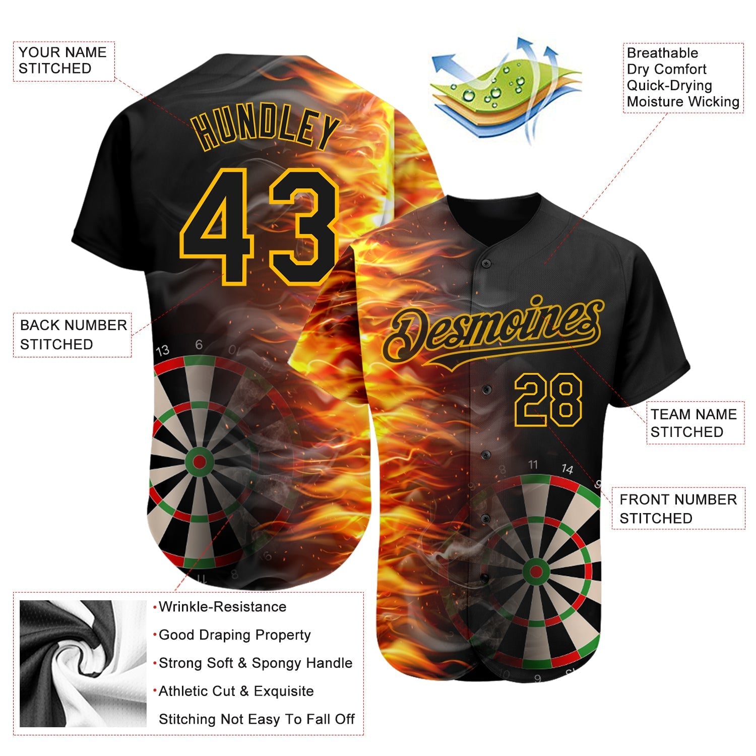Custom Black Gold 3D Pattern Design Fiery Dart Board Authentic Baseball Jersey baseball jersey product view 3