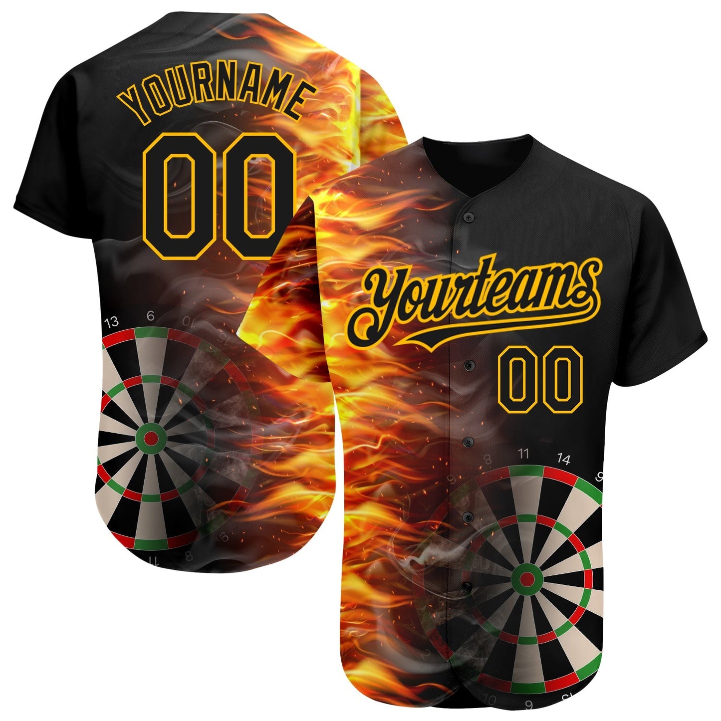 Custom Black Gold 3D Pattern Design Fiery Dart Board Authentic Baseball Jersey baseball jersey product view 1