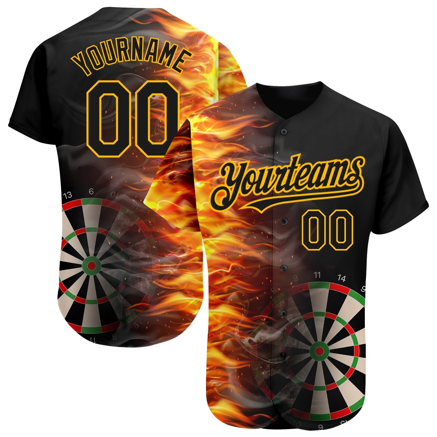 Custom Black Gold 3D Pattern Design Fiery Dart Board Authentic Baseball Jersey baseball jersey product view 1
