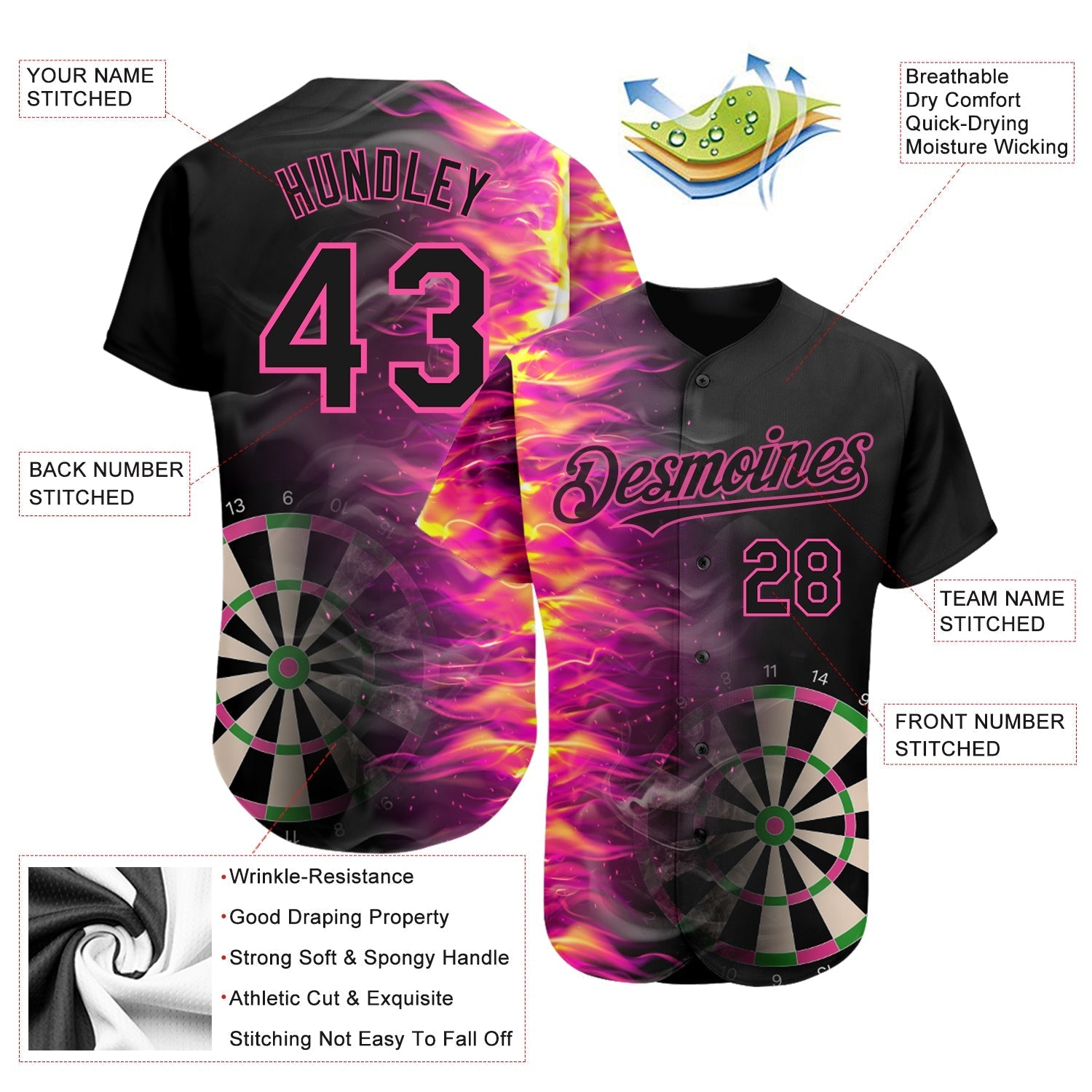 Custom Black Pink 3D Pattern Design Fiery Dart Board Authentic Baseball Jersey baseball jersey product view 3