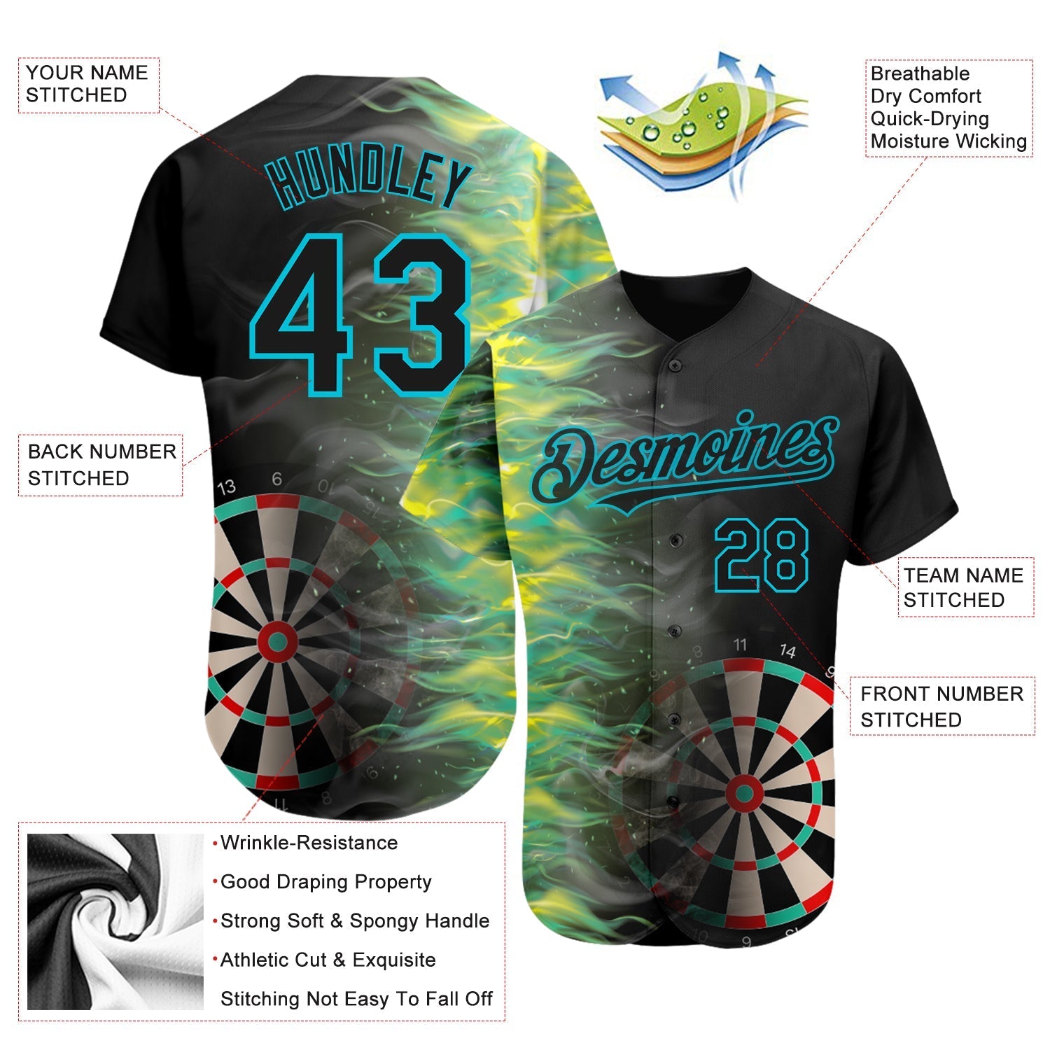Custom Black Lakes Blue 3D Pattern Design Fiery Dart Board Authentic Baseball Jersey baseball jersey product view 3