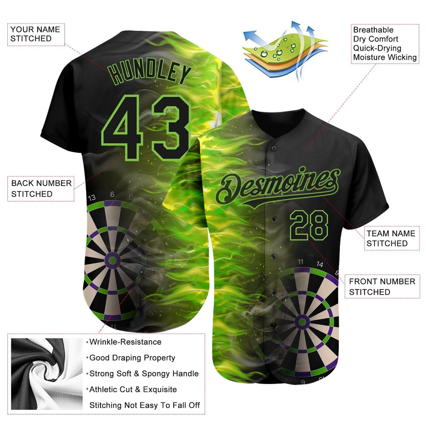 Custom Black Neon Green 3D Pattern Design Fiery Dart Board Authentic Baseball Jersey baseball jersey product view 3