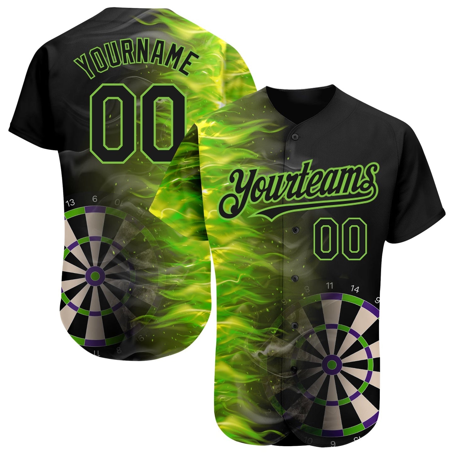 Custom Black Neon Green 3D Pattern Design Fiery Dart Board Authentic Baseball Jersey baseball jersey product view 1