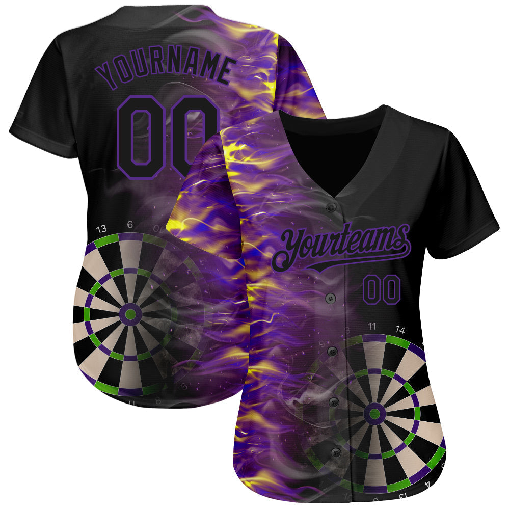 Custom Black Purple 3D Pattern Design Fiery Dart Board Authentic Baseball Jersey baseball jersey product view 2