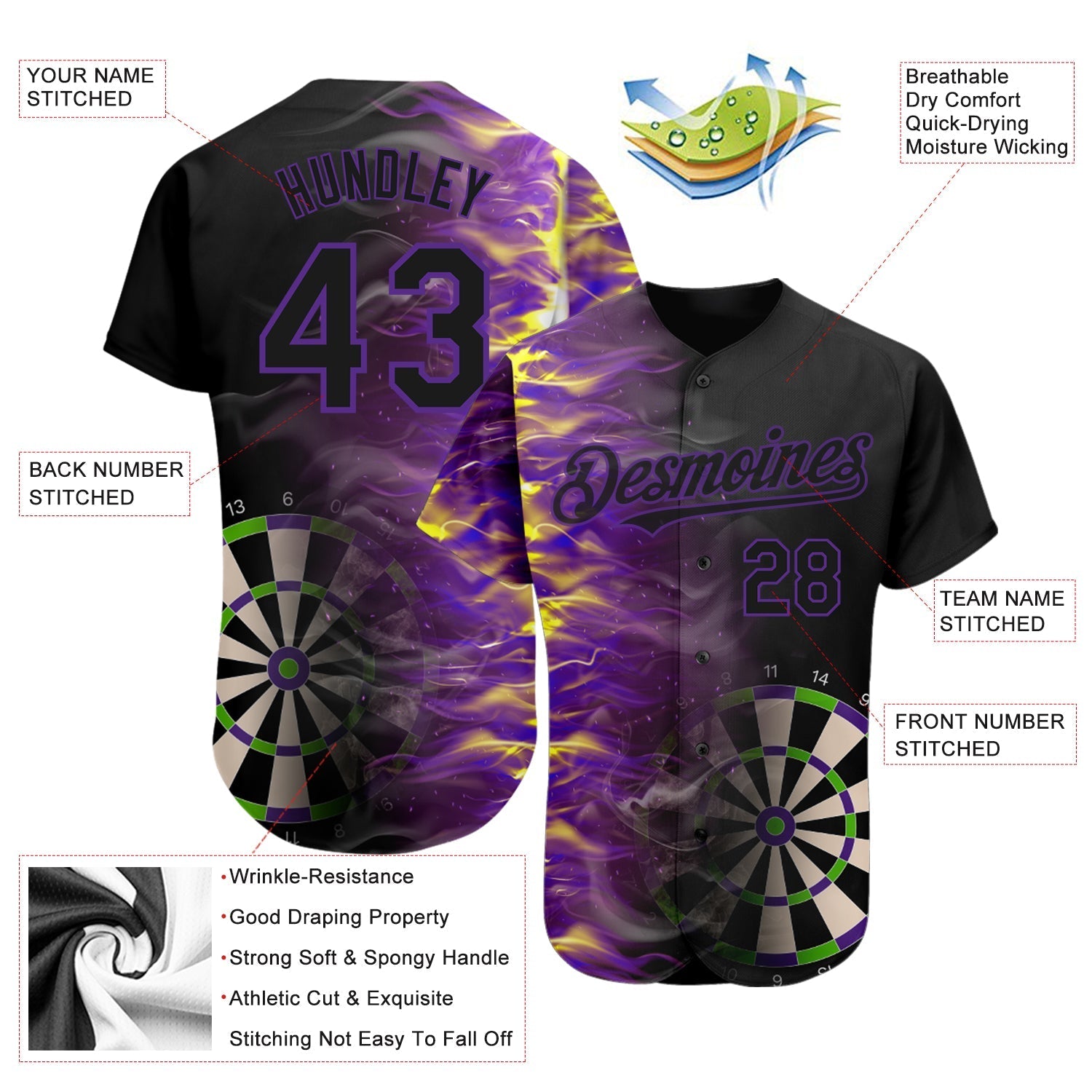 Custom Black Purple 3D Pattern Design Fiery Dart Board Authentic Baseball Jersey baseball jersey product view 3