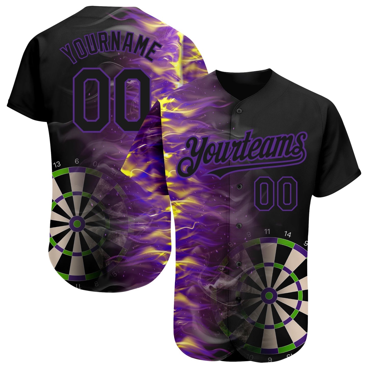 Custom Black Purple 3D Pattern Design Fiery Dart Board Authentic Baseball Jersey baseball jersey product view 1