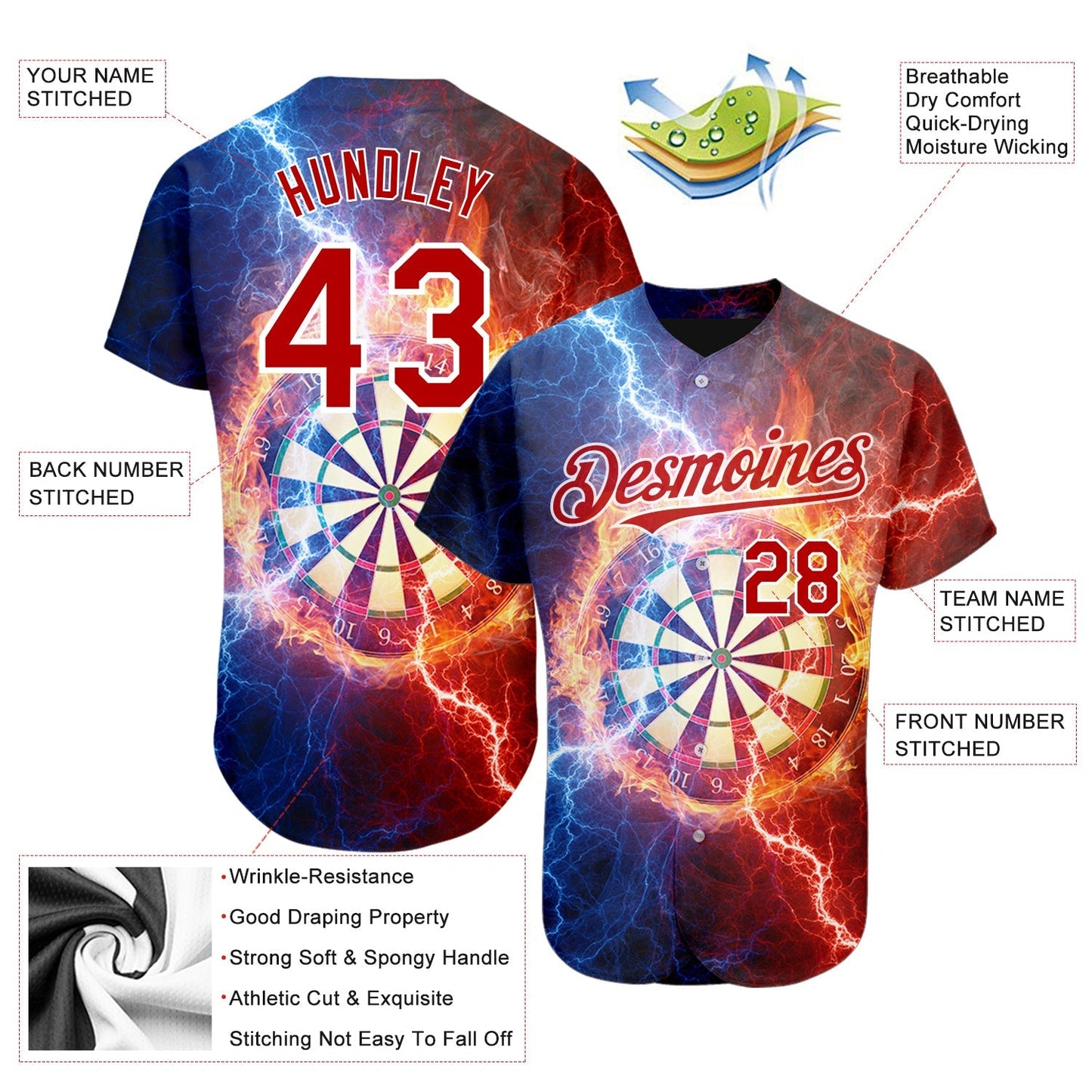 Custom Black Red-White 3D Pattern Design Lightning Flame Dart Board Authentic Baseball Jersey baseball jersey product view 3