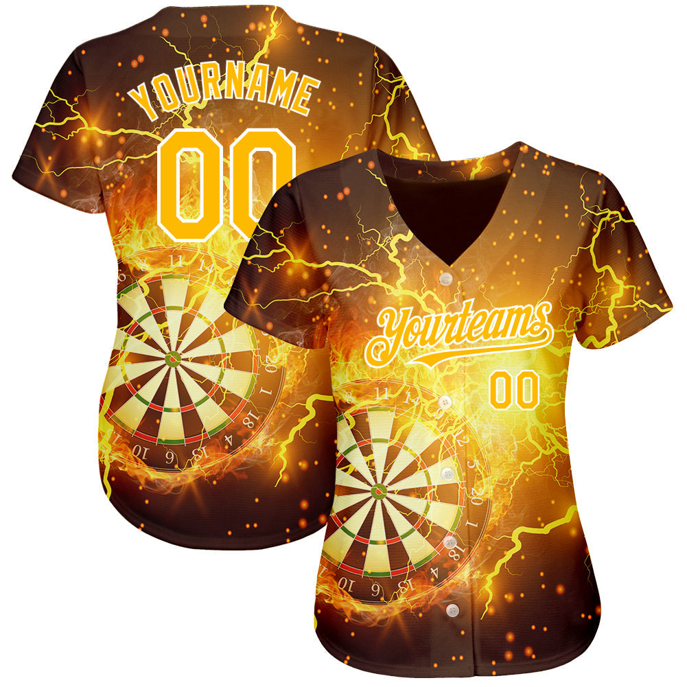 Custom Black Gold-White 3D Pattern Design Lightning Flame Dart Board Authentic Baseball Jersey baseball jersey product view 2