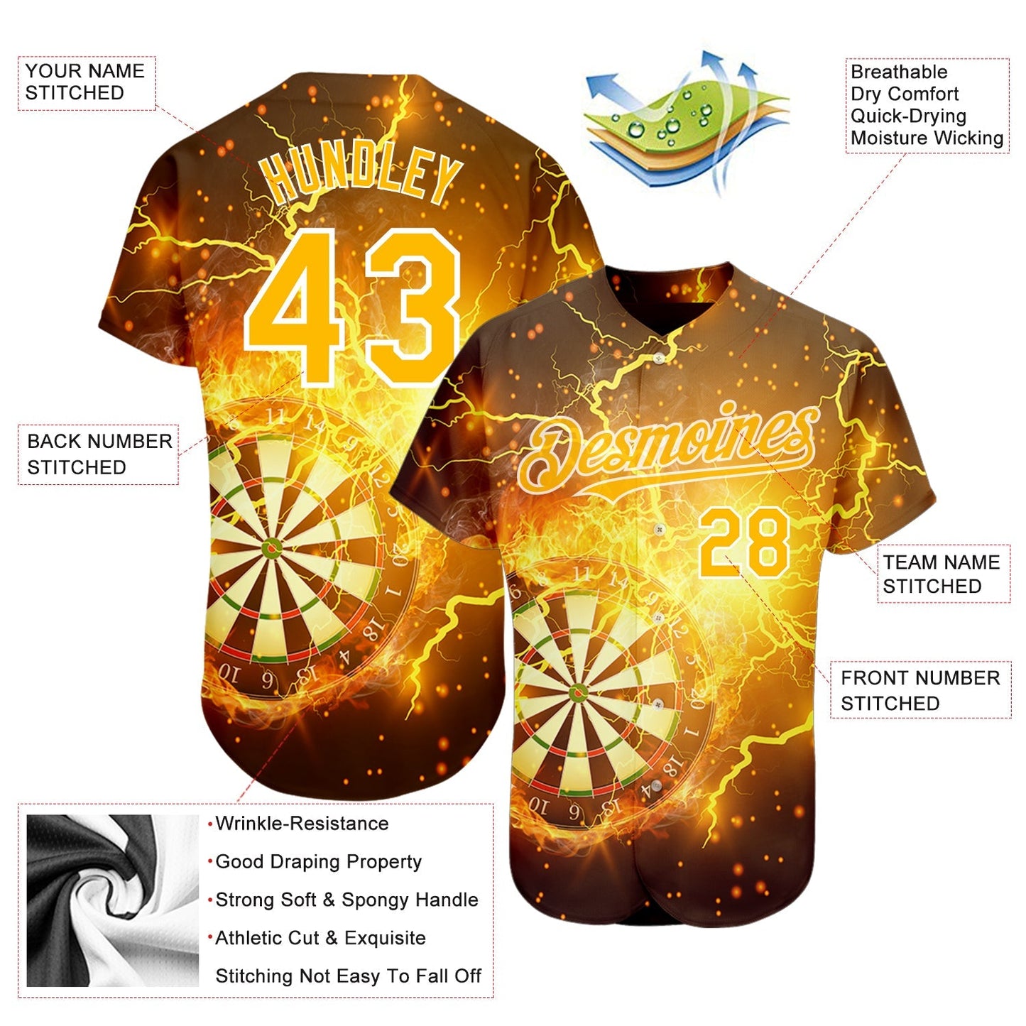 Custom Black Gold-White 3D Pattern Design Lightning Flame Dart Board Authentic Baseball Jersey baseball jersey product view 3