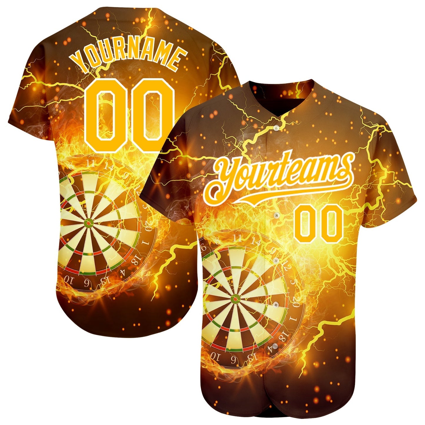 Custom Black Gold-White 3D Pattern Design Lightning Flame Dart Board Authentic Baseball Jersey baseball jersey product view 1