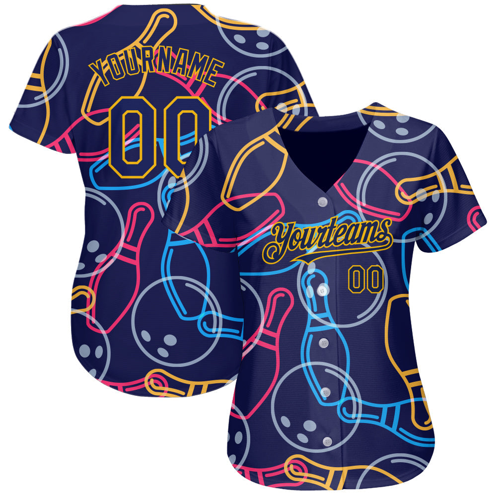 Custom Navy Gold 3D Pattern Design Bowling Authentic Baseball Jersey baseball jersey product view 2