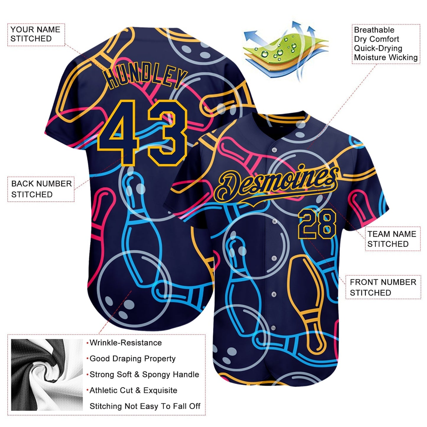 Custom Navy Gold 3D Pattern Design Bowling Authentic Baseball Jersey baseball jersey product view 3