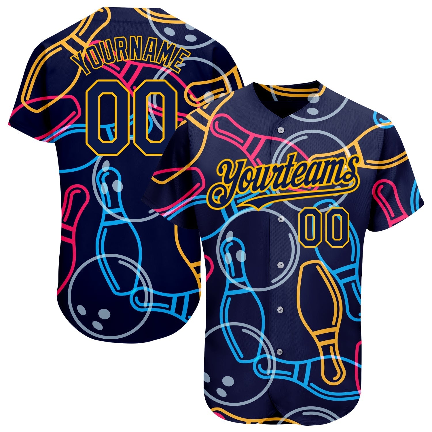 Custom Navy Gold 3D Pattern Design Bowling Authentic Baseball Jersey baseball jersey product view 1