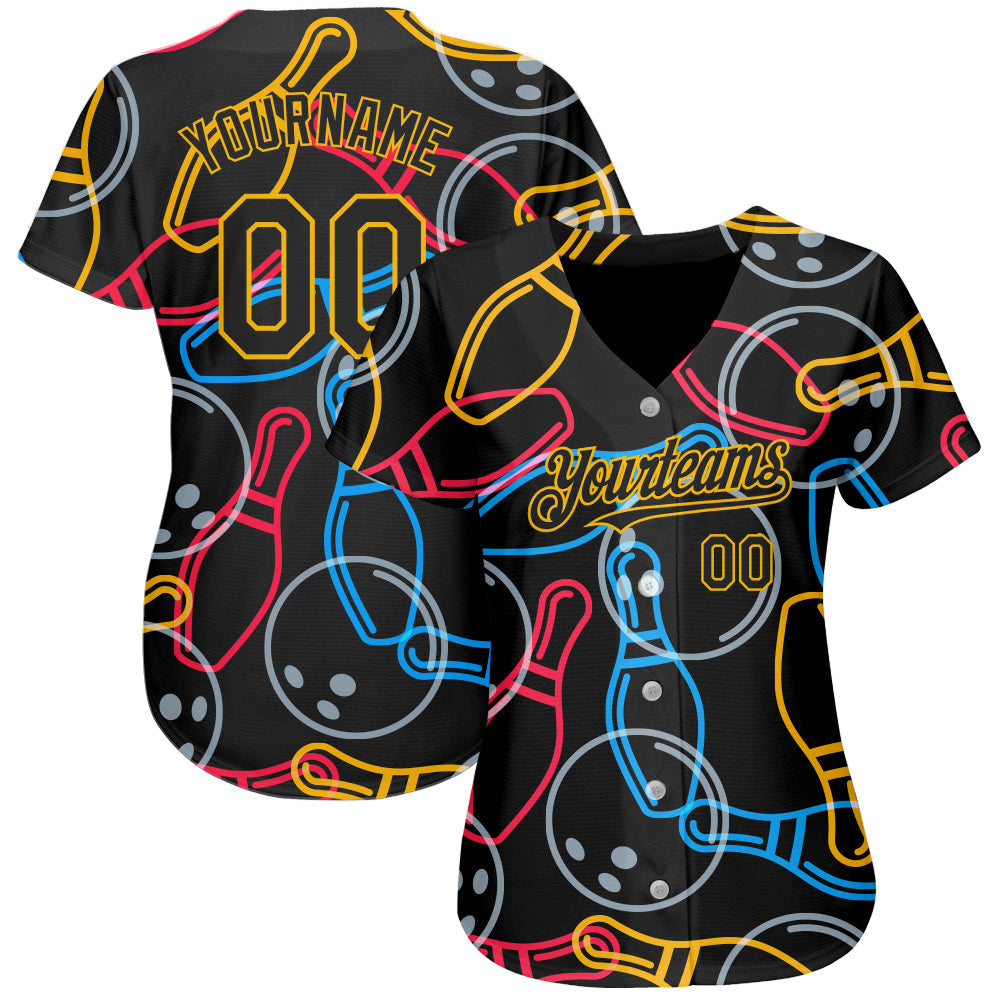 Custom Black Gold 3D Pattern Design Bowling Authentic Baseball Jersey baseball jersey product view 2