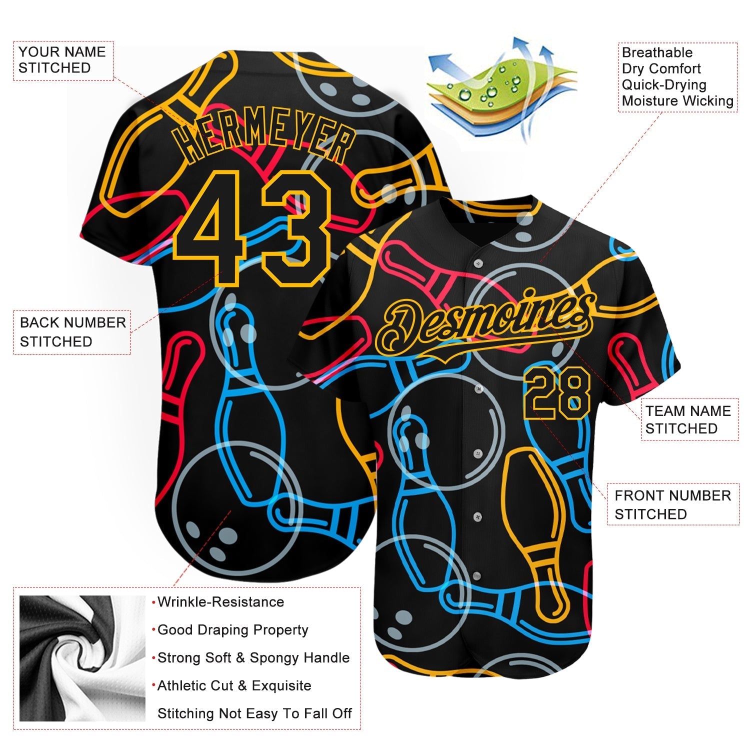 Custom Black Gold 3D Pattern Design Bowling Authentic Baseball Jersey baseball jersey product view 3