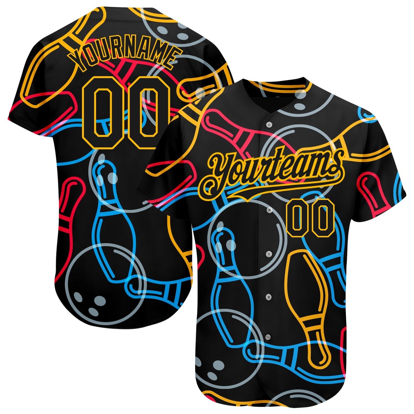 Custom Black Gold 3D Pattern Design Bowling Authentic Baseball Jersey baseball jersey product view 1