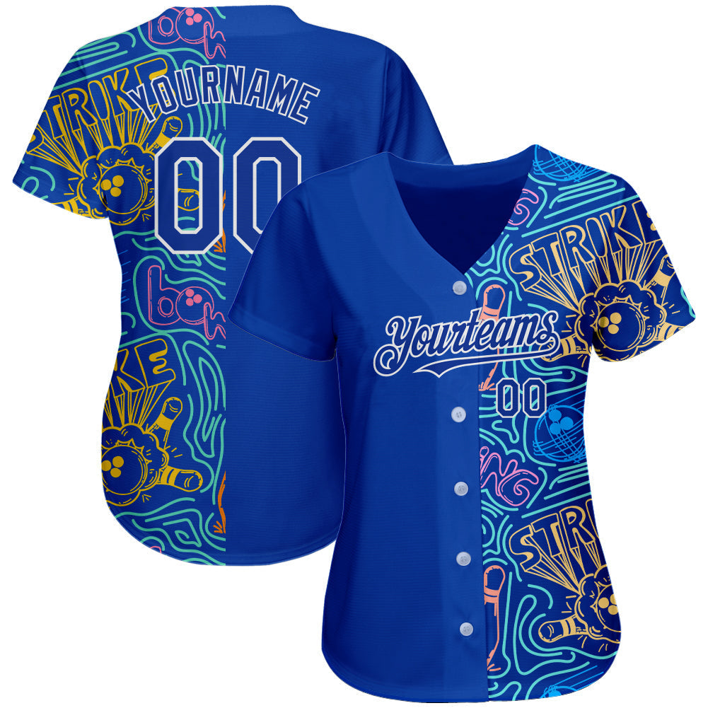 Custom Royal White 3D Pattern Design Bowling Authentic Baseball Jersey baseball jersey product view 2