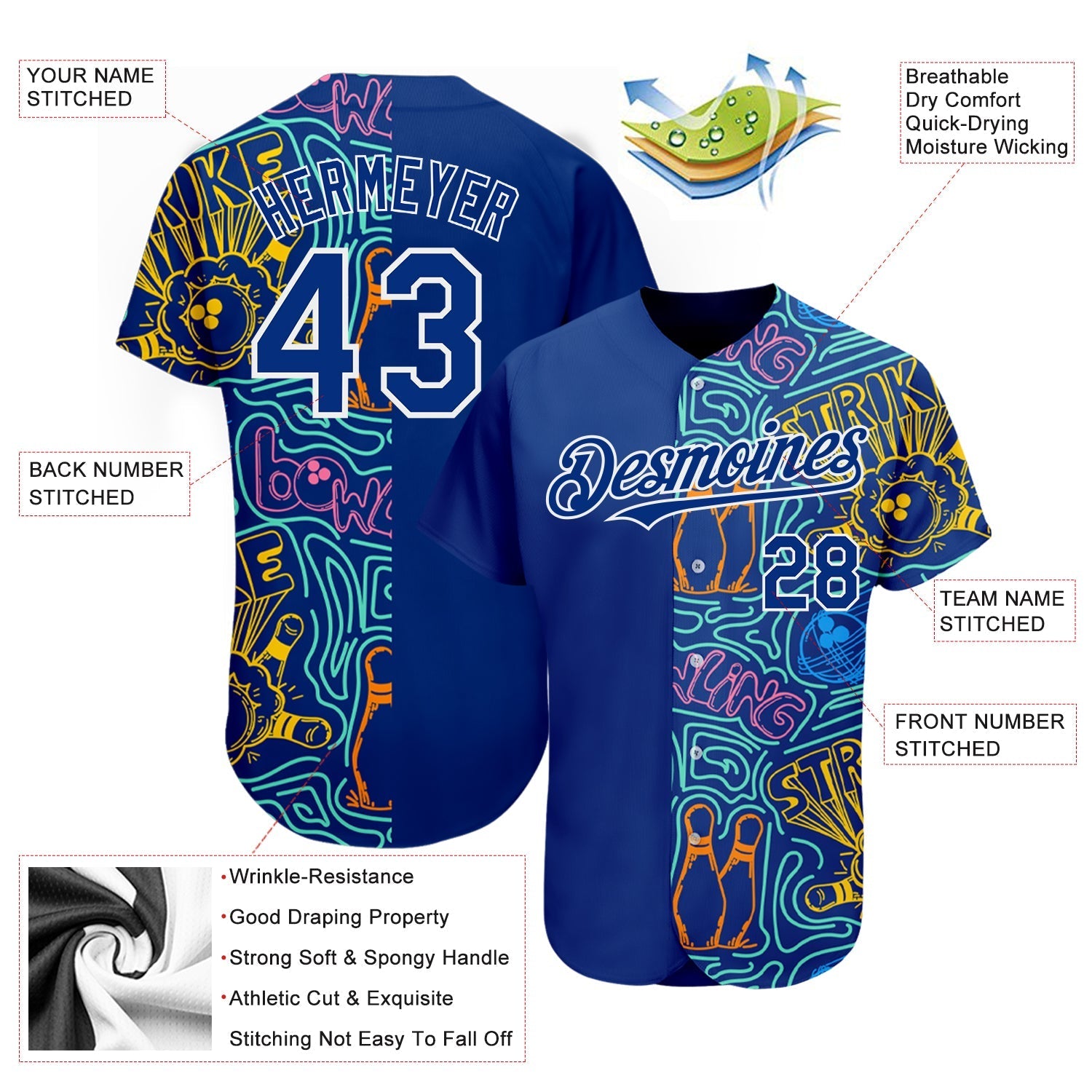 Custom Royal White 3D Pattern Design Bowling Authentic Baseball Jersey baseball jersey product view 3