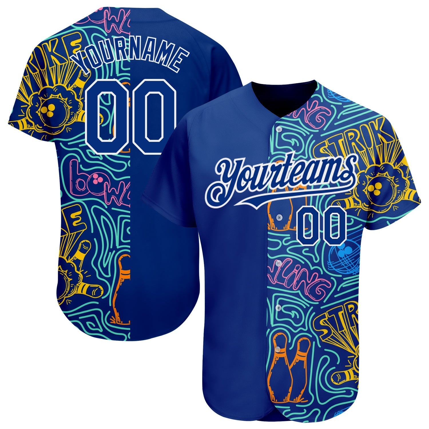 Custom Royal White 3D Pattern Design Bowling Authentic Baseball Jersey baseball jersey product view 1