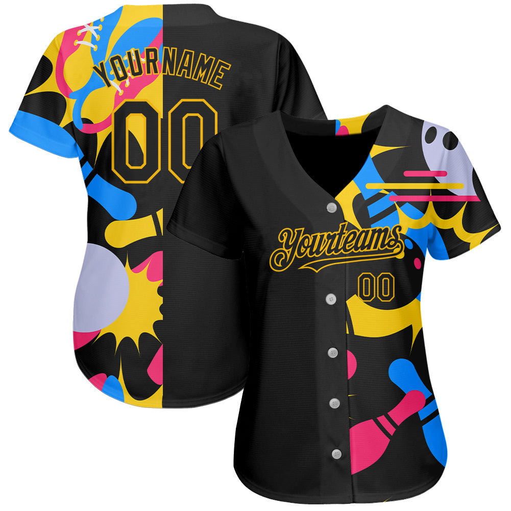 Custom Black Yellow 3D Pattern Design Bowling Authentic Baseball Jersey baseball jersey product view 2