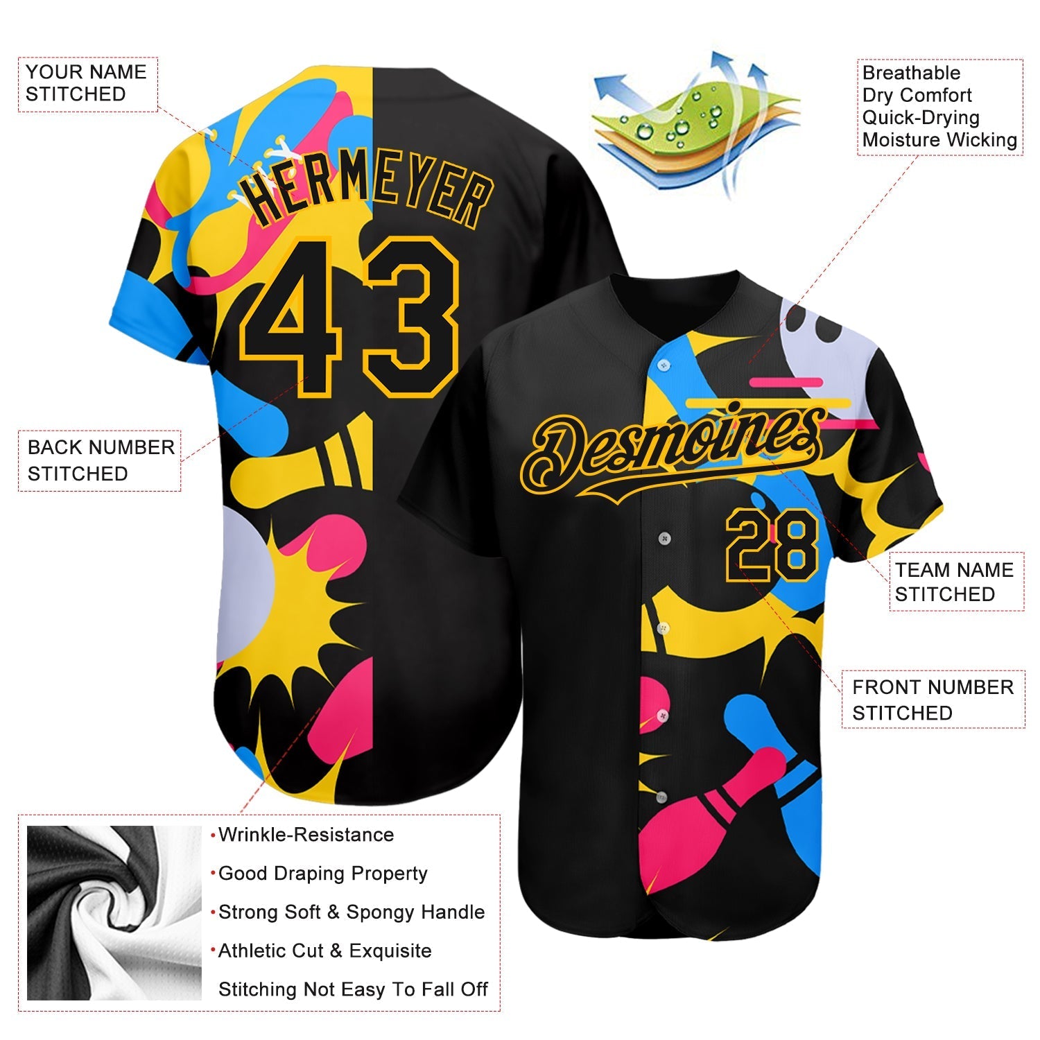 Custom Black Yellow 3D Pattern Design Bowling Authentic Baseball Jersey baseball jersey product view 3