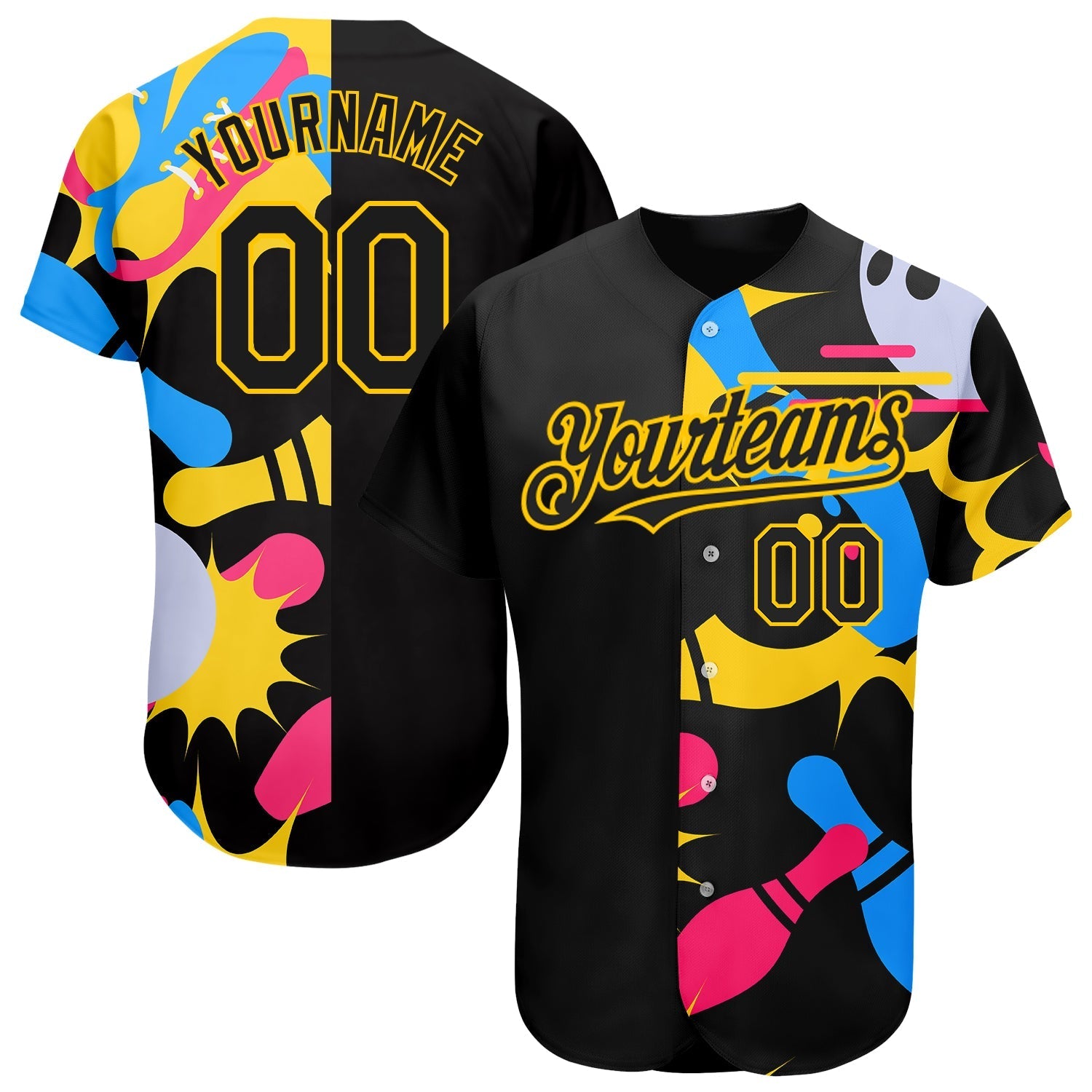 Custom Black Yellow 3D Pattern Design Bowling Authentic Baseball Jersey baseball jersey product view 1