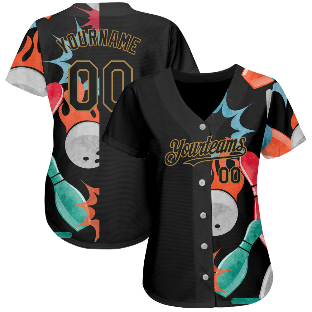 Custom Black Old Gold 3D Pattern Design Bowling Authentic Baseball Jersey baseball jersey product view 2