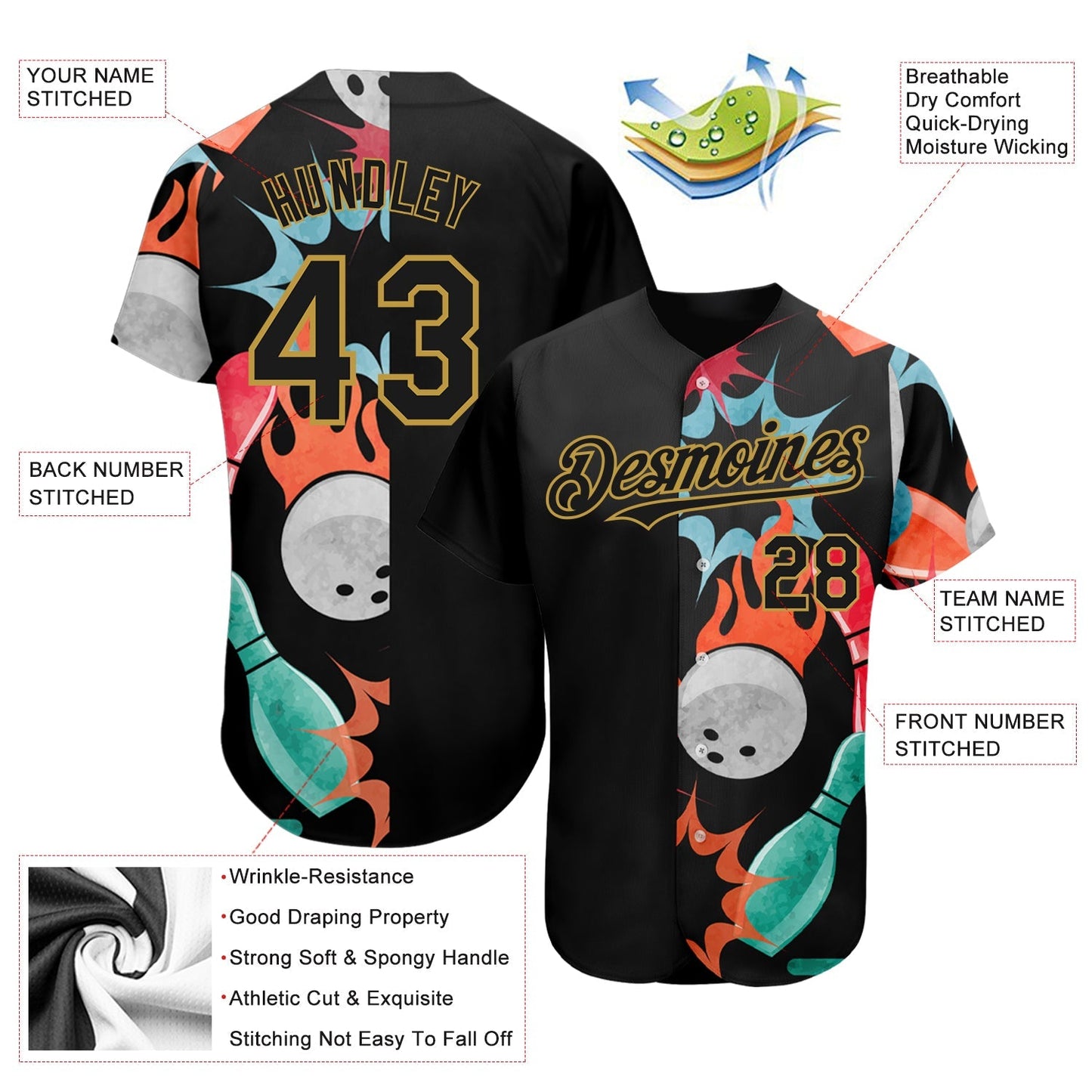 Custom Black Old Gold 3D Pattern Design Bowling Authentic Baseball Jersey baseball jersey product view 3