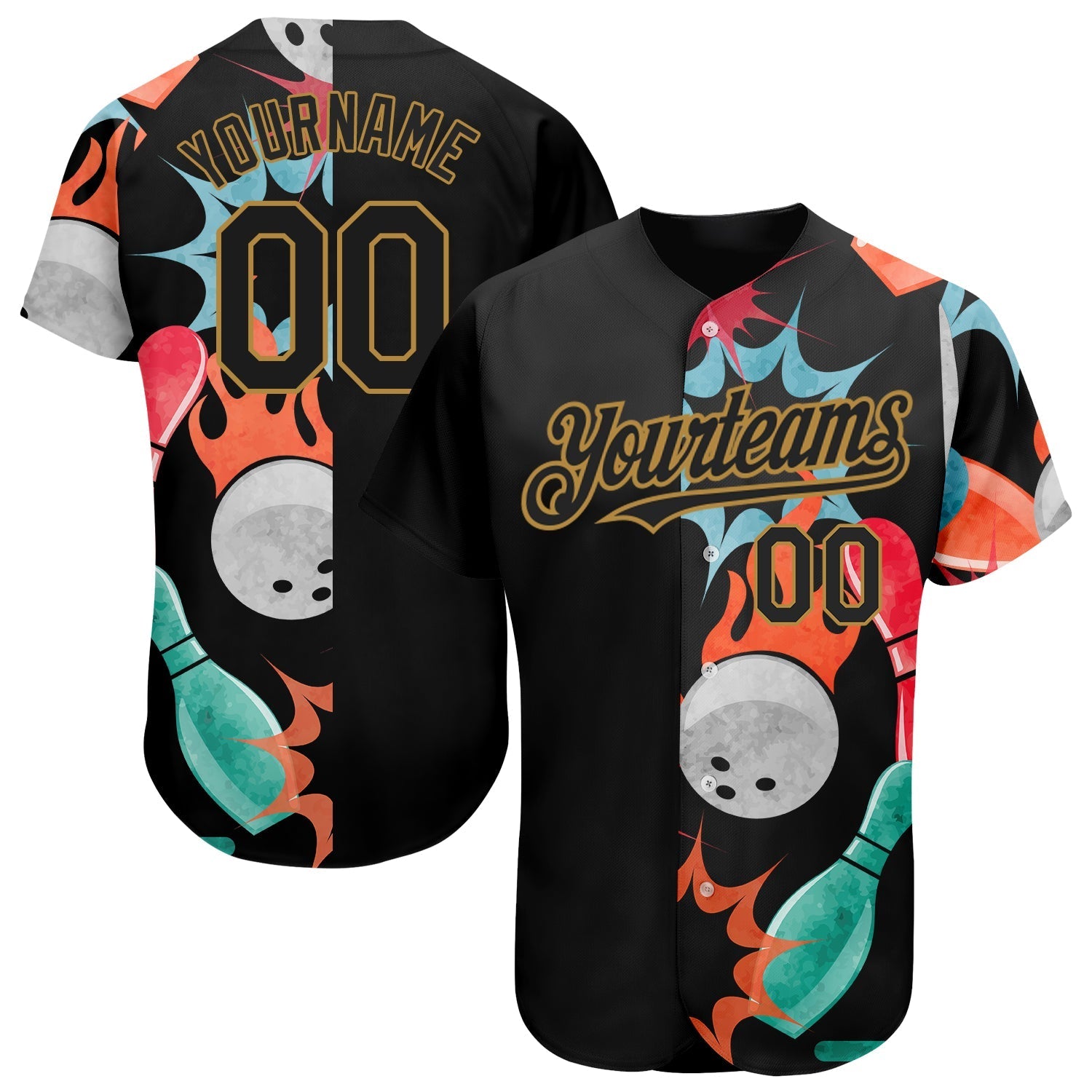 Custom Black Old Gold 3D Pattern Design Bowling Authentic Baseball Jersey baseball jersey product view 1