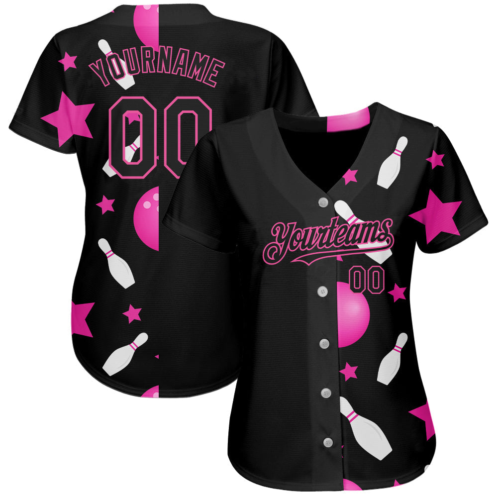 Custom Black Pink 3D Pattern Design Bowling Authentic Baseball Jersey baseball jersey product view 2