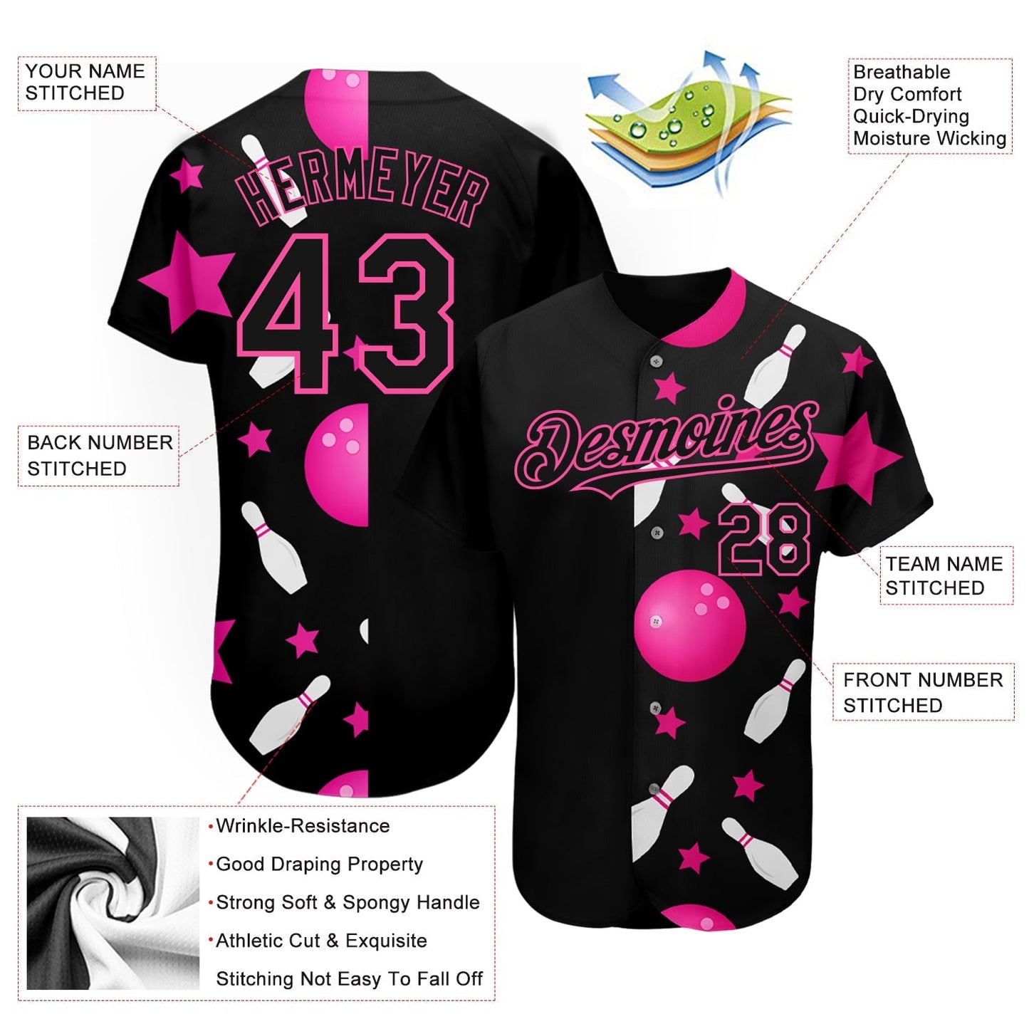 Custom Black Pink 3D Pattern Design Bowling Authentic Baseball Jersey baseball jersey product view 3