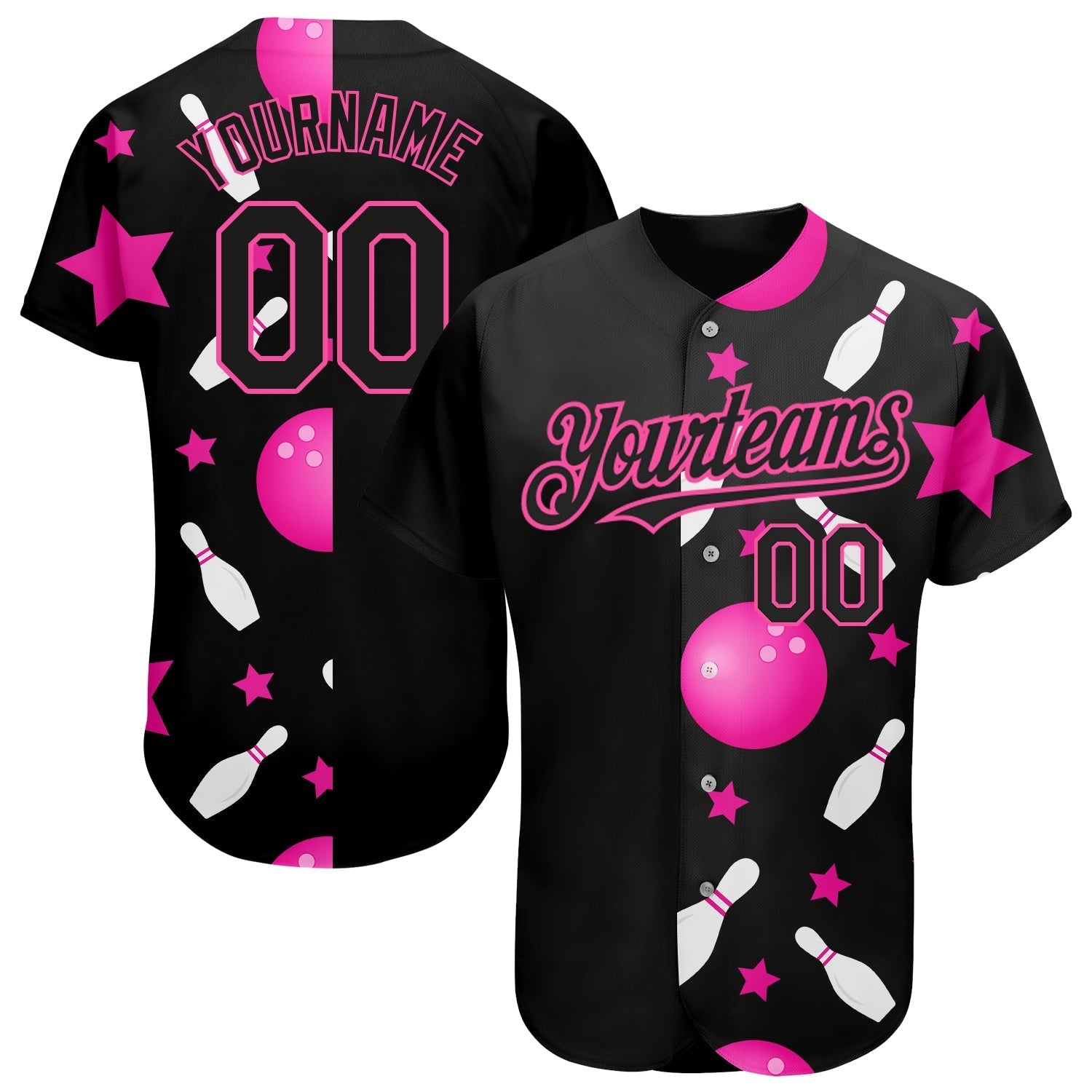 Custom Black Pink 3D Pattern Design Bowling Authentic Baseball Jersey baseball jersey product view 1
