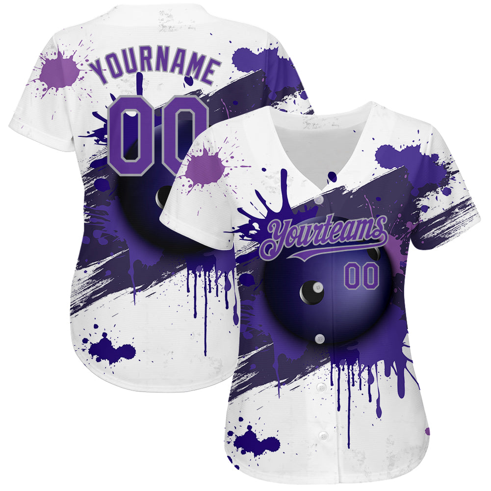 Custom White Purple-Gray 3D Pattern Design Bowling Ball Authentic Baseball Jersey baseball jersey product view 2