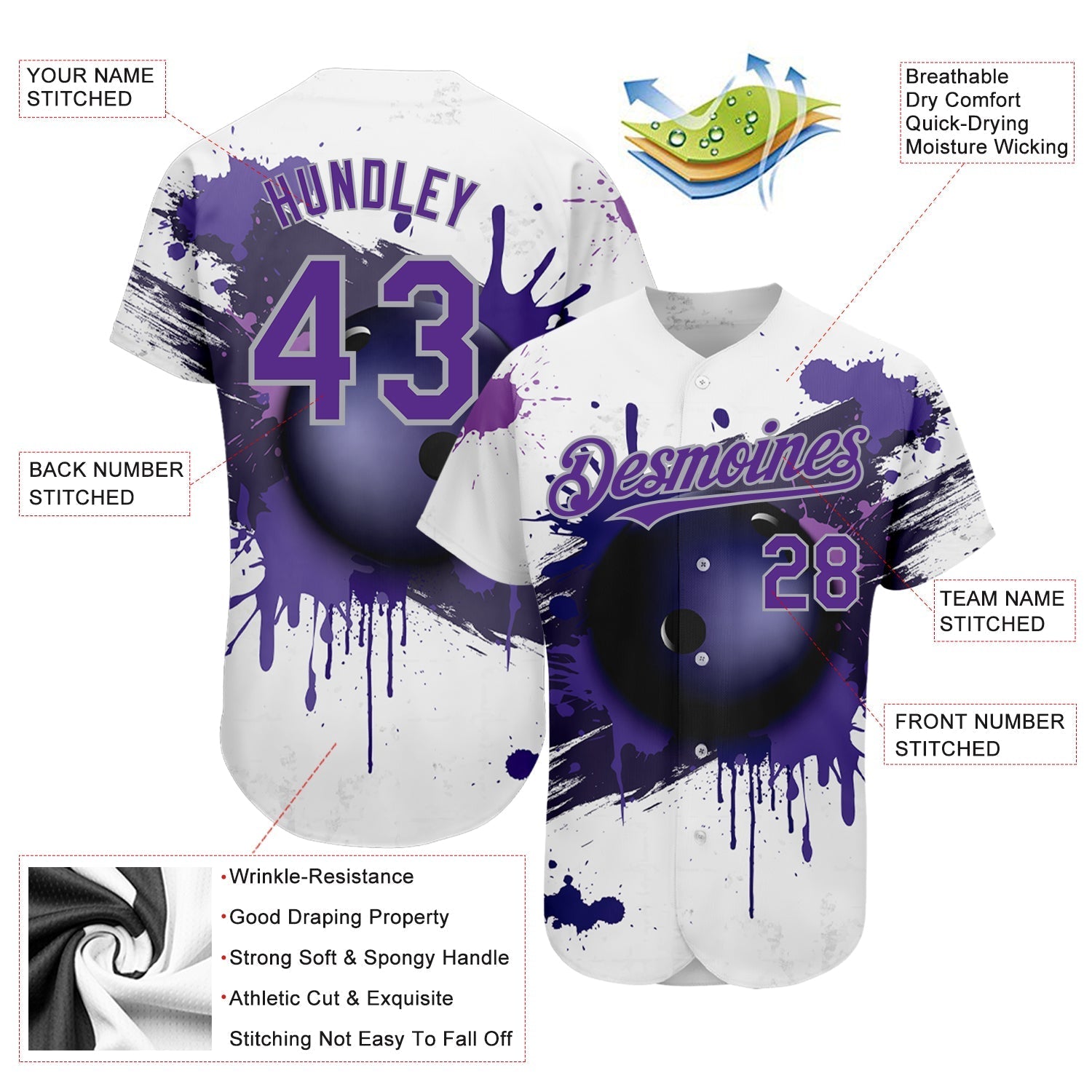 Custom White Purple-Gray 3D Pattern Design Bowling Ball Authentic Baseball Jersey baseball jersey product view 3