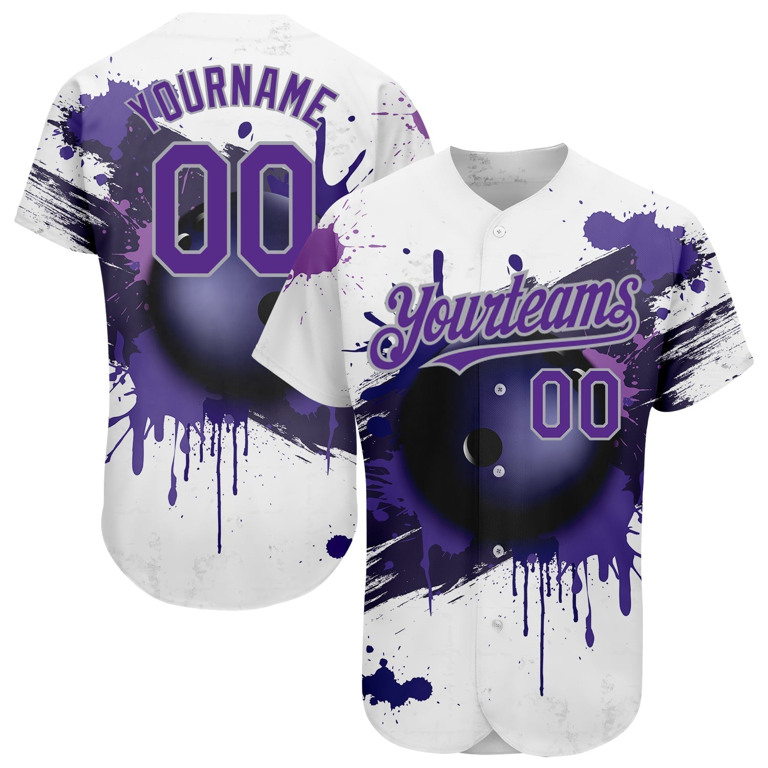 Custom White Purple-Gray 3D Pattern Design Bowling Ball Authentic Baseball Jersey baseball jersey product view 1