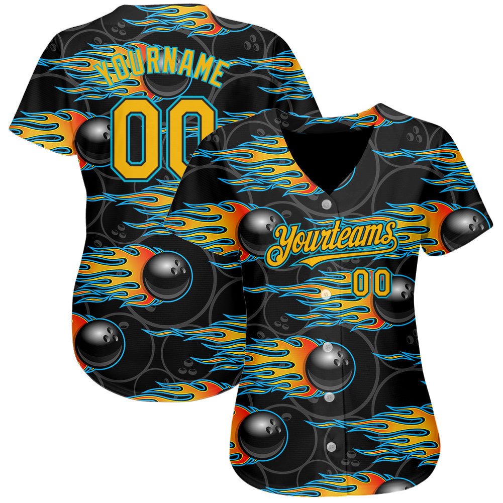 Custom Black Gold-Lakes Blue 3D Pattern Design Bowling Ball With Hotrod Flame Authentic Baseball Jersey baseball jersey product view 2