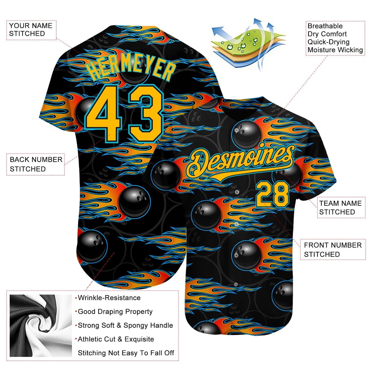 Custom Black Gold-Lakes Blue 3D Pattern Design Bowling Ball With Hotrod Flame Authentic Baseball Jersey baseball jersey product view 3