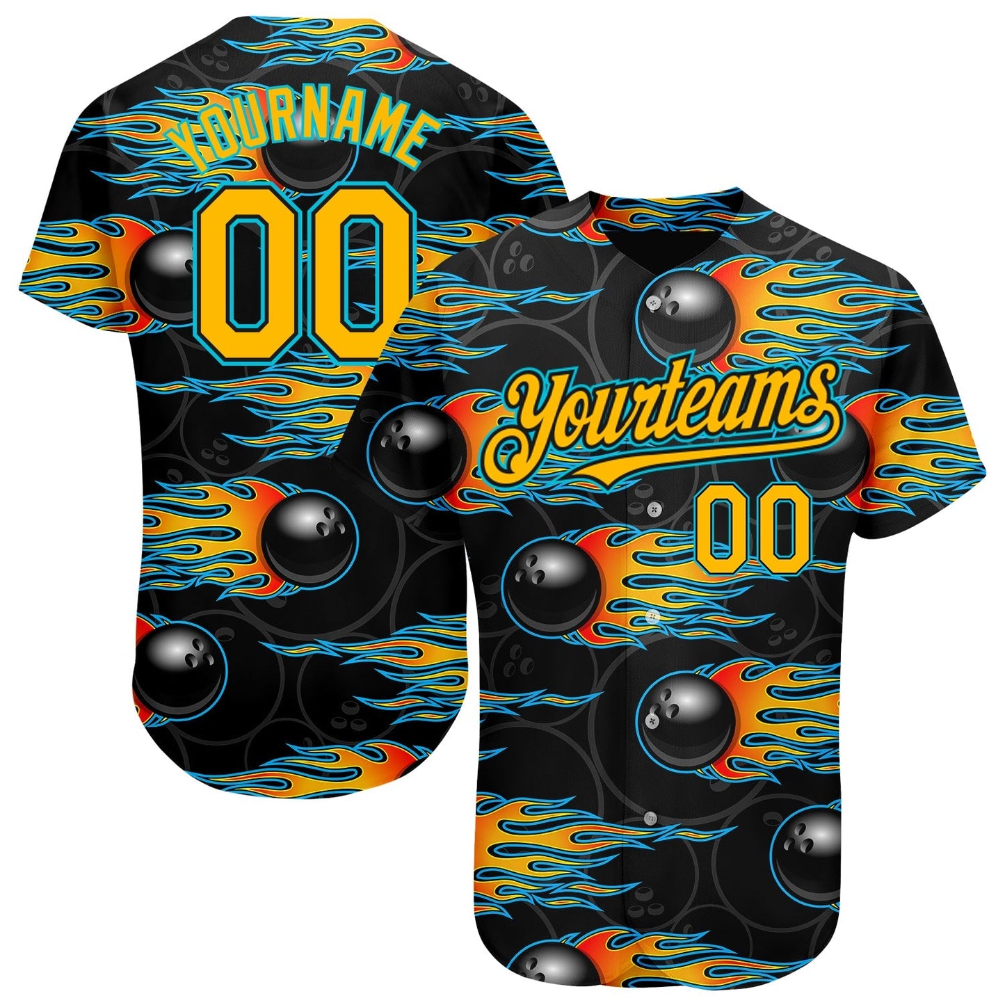 Custom Black Gold-Lakes Blue 3D Pattern Design Bowling Ball With Hotrod Flame Authentic Baseball Jersey baseball jersey product view 1