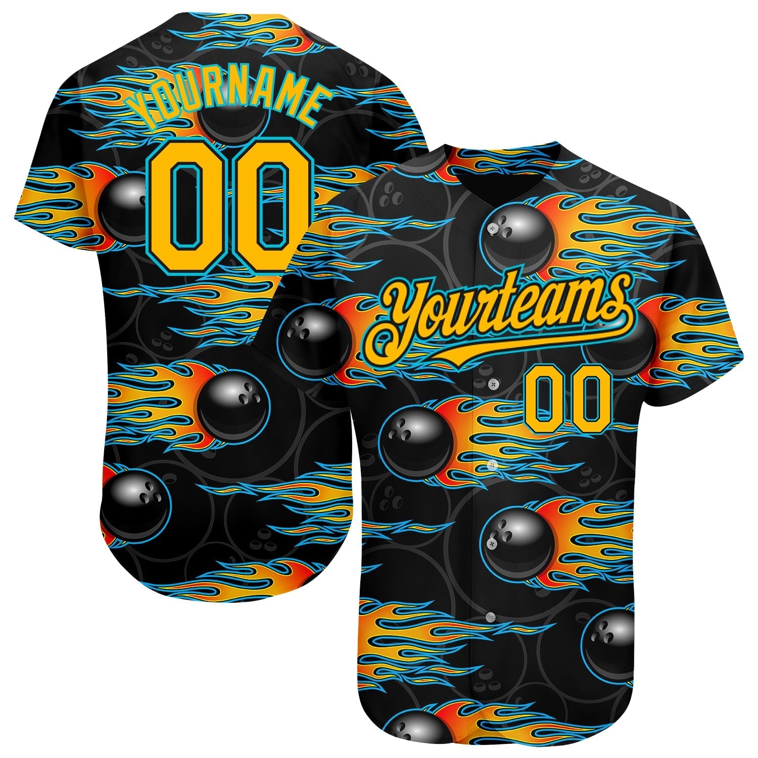 Custom Black Gold-Lakes Blue 3D Pattern Design Bowling Ball With Hotrod Flame Authentic Baseball Jersey baseball jersey product view 1