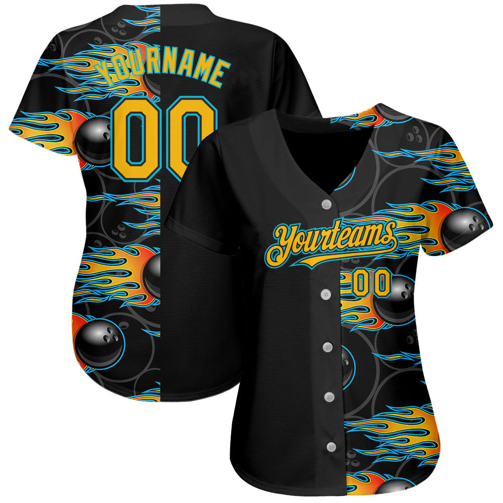Custom Black Gold-Lakes Blue 3D Pattern Design Bowling Ball With Hotrod Flame Authentic Baseball Jersey Ball baseball jersey product view 2