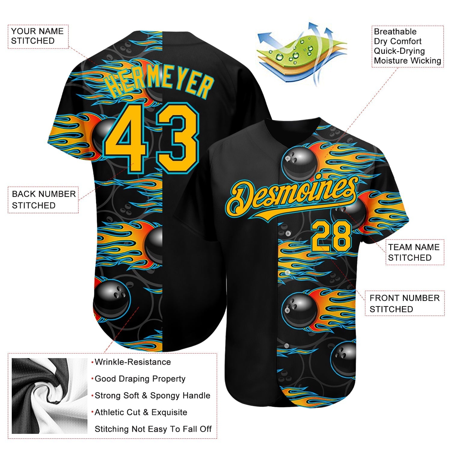 Custom Black Gold-Lakes Blue 3D Pattern Design Bowling Ball With Hotrod Flame Authentic Baseball Jersey Ball baseball jersey product view 3