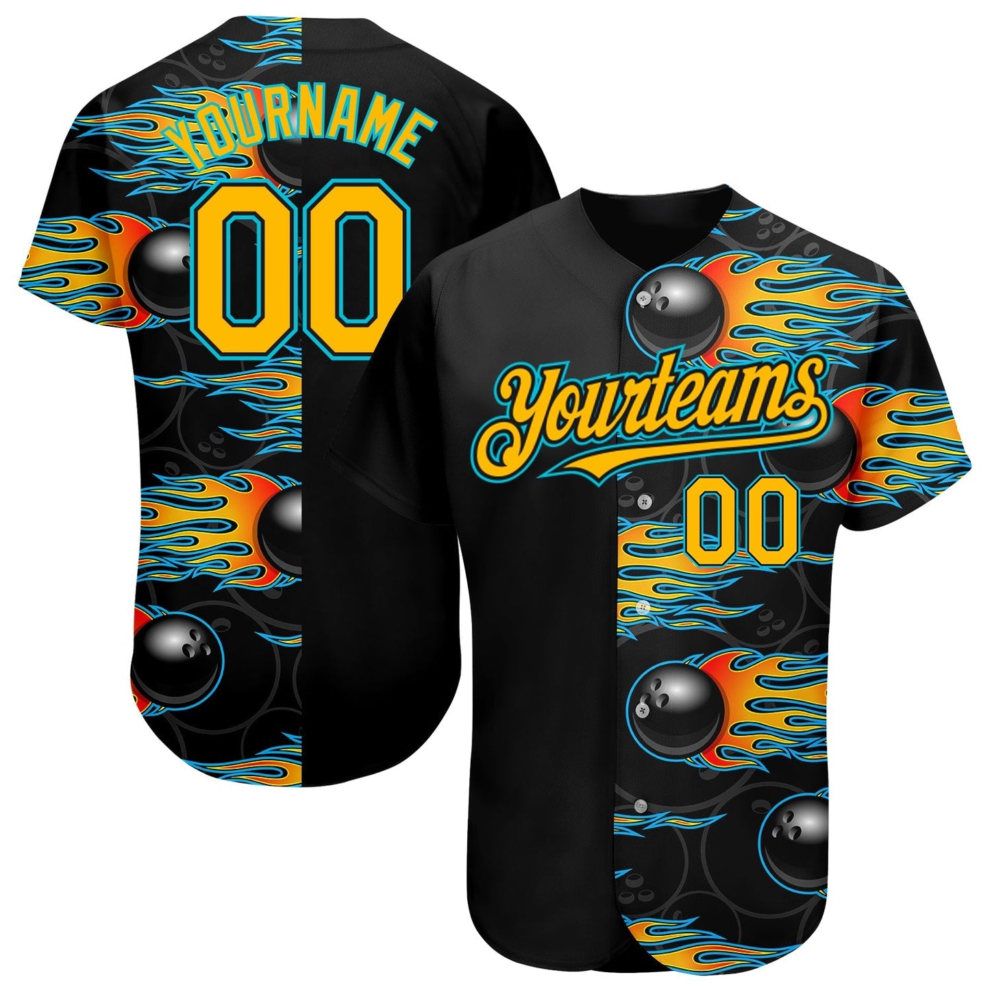 Custom Black Gold-Lakes Blue 3D Pattern Design Bowling Ball With Hotrod Flame Authentic Baseball Jersey Ball baseball jersey product view 1