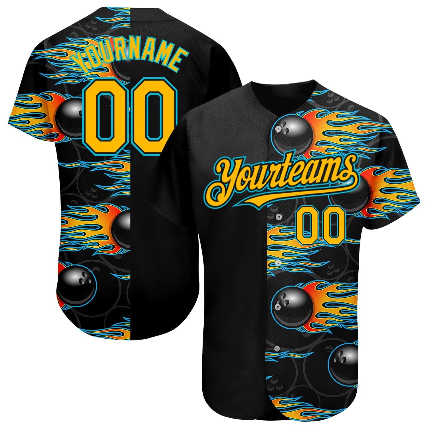 Custom Black Gold-Lakes Blue 3D Pattern Design Bowling Ball With Hotrod Flame Authentic Baseball Jersey Ball baseball jersey product view 1