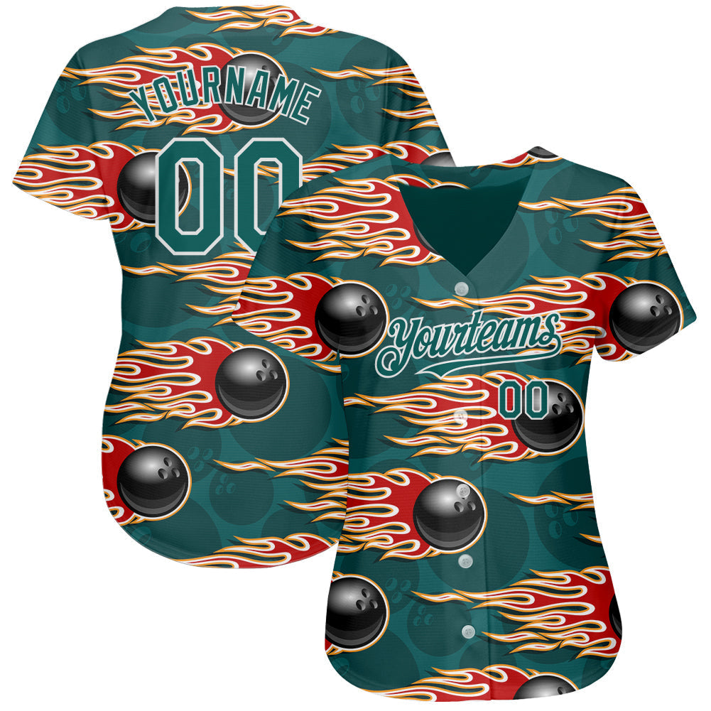 Custom Midnight Green White 3D Pattern Design Bowling Ball With Hotrod Flame Authentic Baseball Jersey baseball jersey product view 2