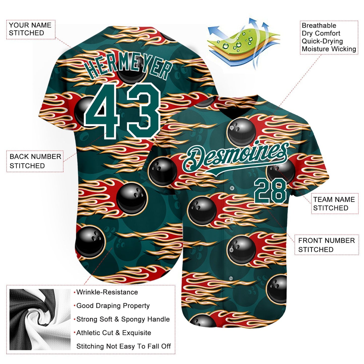 Custom Midnight Green White 3D Pattern Design Bowling Ball With Hotrod Flame Authentic Baseball Jersey baseball jersey product view 3