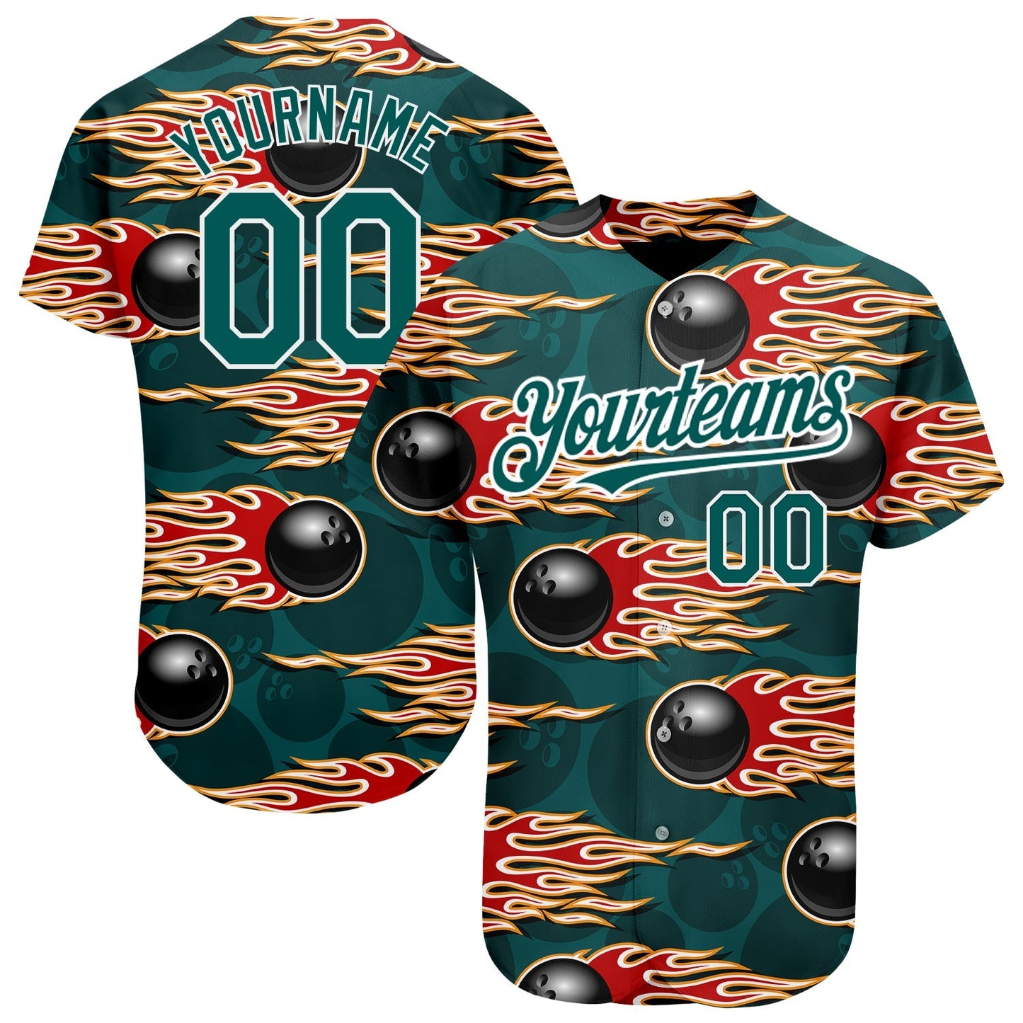 Custom Midnight Green White 3D Pattern Design Bowling Ball With Hotrod Flame Authentic Baseball Jersey baseball jersey product view 1