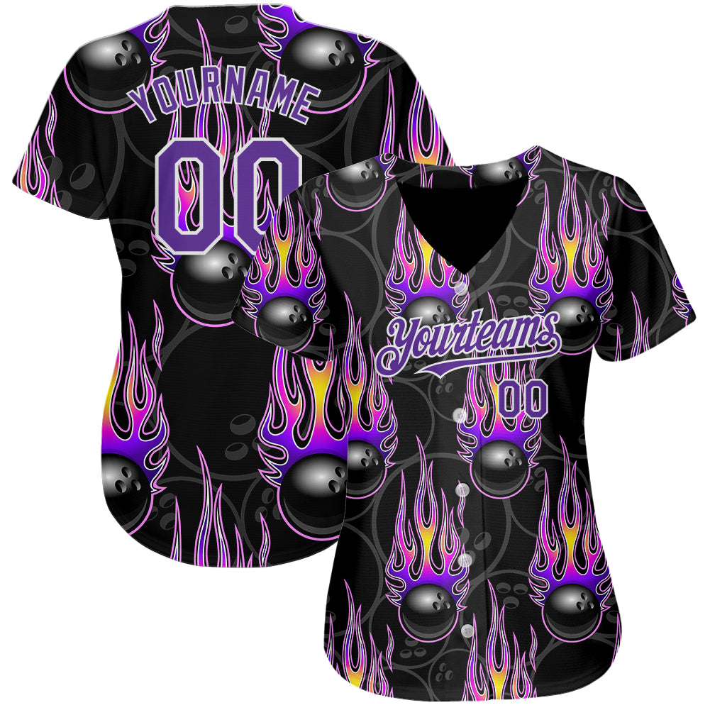 Custom Black Purple-White 3D Pattern Design Bowling Ball With Hotrod Flame Authentic Baseball Jersey baseball jersey product view 2