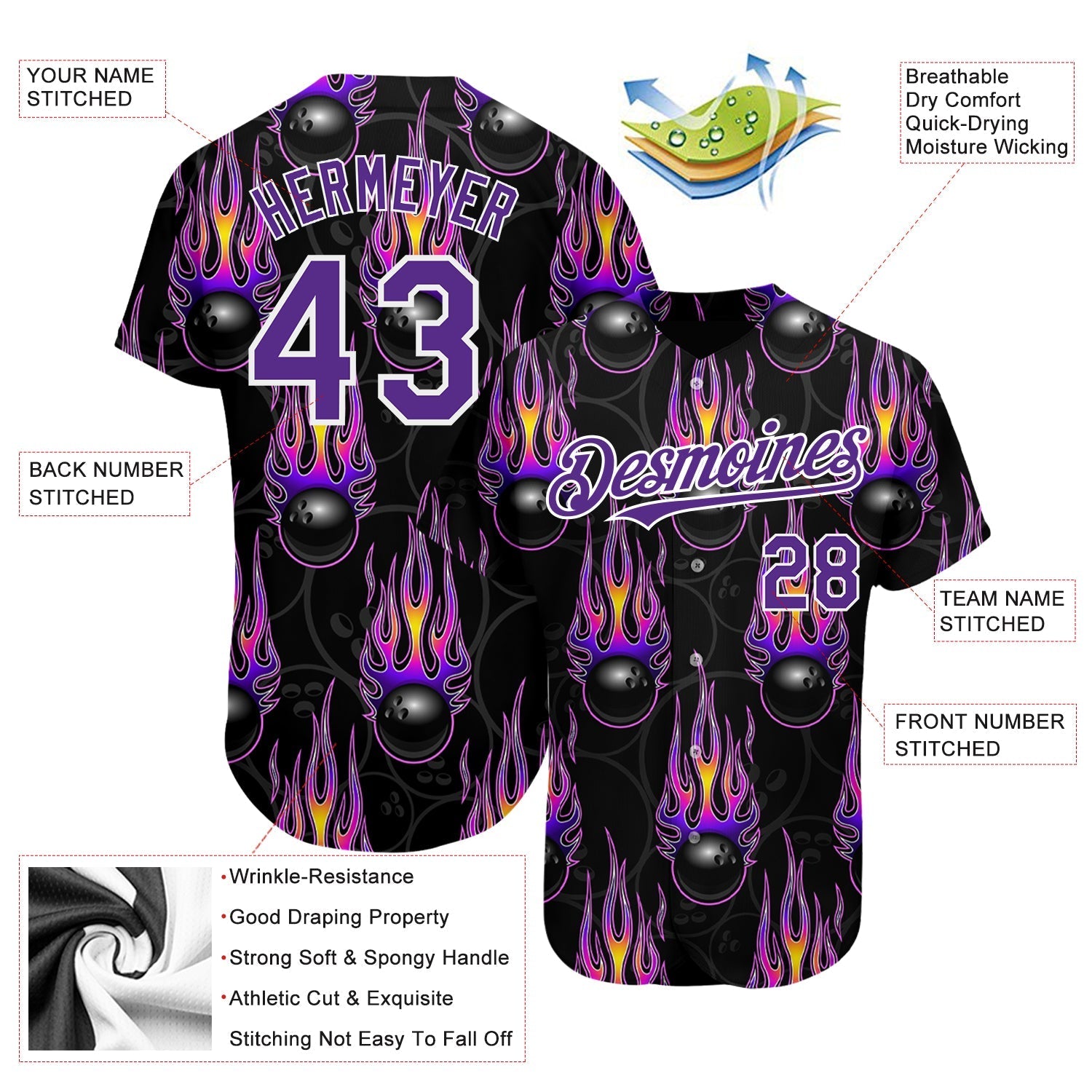 Custom Black Purple-White 3D Pattern Design Bowling Ball With Hotrod Flame Authentic Baseball Jersey baseball jersey product view 3